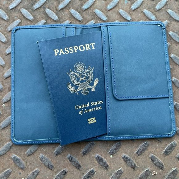 Passport Holder Blue Leather Card Holder Travel Documents Wallet Handmade - Picture 1 of 10